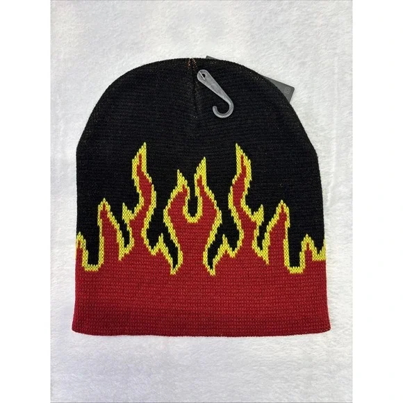 NWT Decky Original Stocking Cap, skull Cap black red yellow flames Free Shipping - Picture 2 of 4